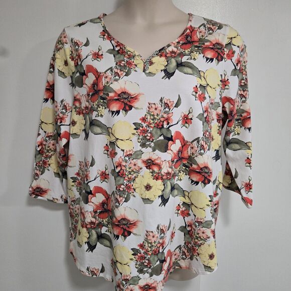Chico's Sz 3 (XL) Coral Multi 3/4 Sleeve Sweetheart Neckline w/ Button Detail‎ - Picture 1 of 7